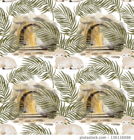 Resurrection scene seamless pattern empty tomb, palm leaves, lamb, hand-painted watercolor, Christian composition for Easter designs, faith branding, packaging, textiles, backgrounds. Soft earth tones Resurrection scene seamless pattern empty tomb, palm leaves, lamb, hand-painted watercolor, Christian composition for Easter designs, faith branding, packaging, textiles, backgrounds. Soft earth tones 136116086