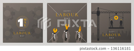 Happy Labour Day posters set with worker tools and construction crane vector illustration. 136116181