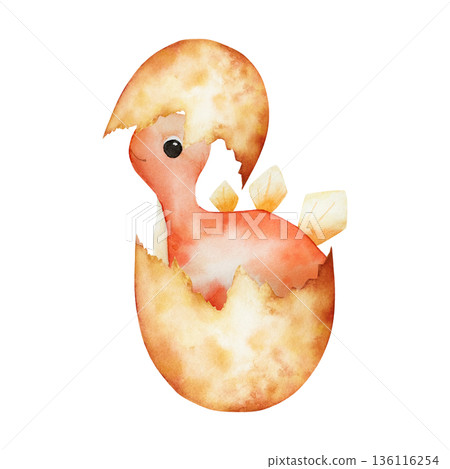 Cute dinosaur hatched from an egg. Watercolor hand drawn prehistoric Tyrannosaurus Rex, Brachiosaurus animal. Isolated illustration on transparent background. Perfect for for nursery and baby shower 136116254