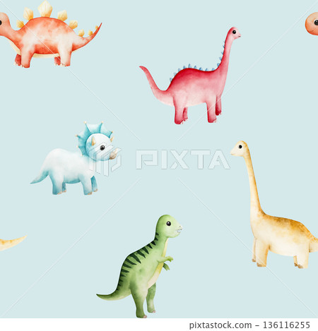 Seamless pattern with cute dinosaur. Watercolor hand drawn prehistoric triceratops, diplodocus,Spinosaurus, Brachiosaurus animal. Isolated illustration on transparent background. Perfect for for Seamless pattern with cute dinosaur. Watercolor hand drawn prehistoric triceratops, diplodocus,Spinosaurus, Brachiosaurus animal. Isolated illustration on transparent background. Perfect for for 136116255