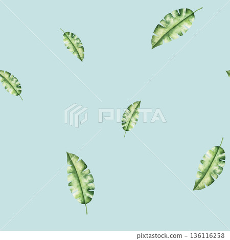 Seamless pattern with tropical leafs. Watercolor hand drawn prehistoric tropical plant. Isolated botanical illustration on transparent background. Perfect for tropical design projects. For designers Seamless pattern with tropical leafs. Watercolor hand drawn prehistoric tropical plant. Isolated botanical illustration on transparent background. Perfect for tropical design projects. For designers 136116258