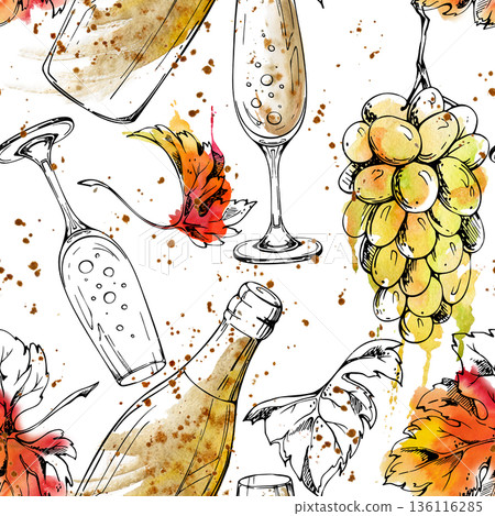 Champagne seamless pattern. Bottle, flute glass, sparkling fizzy wine, grape fruit and leaves hand painted in watercolor, ink. Luxury labels, boutique textiles, advertising layouts, seasonal promotion Champagne seamless pattern. Bottle, flute glass, sparkling fizzy wine, grape fruit and leaves hand painted in watercolor, ink. Luxury labels, boutique textiles, advertising layouts, seasonal promotion 136116285