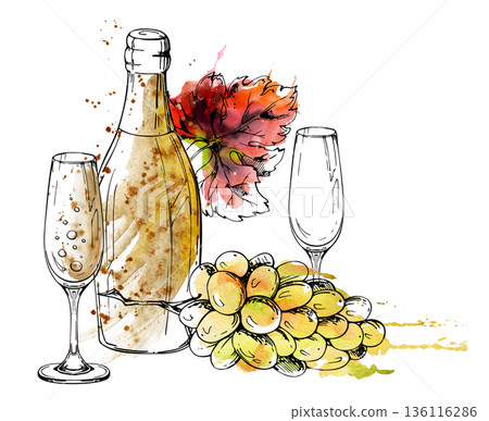 Champagne bottle with crystal flute, bubbles and fizz, grape bunch and leaf. Isolated illustration hand drawn in watercolor bleed and ink for festive menus, marketing visuals, anniversary campaigns Champagne bottle with crystal flute, bubbles and fizz, grape bunch and leaf. Isolated illustration hand drawn in watercolor bleed and ink for festive menus, marketing visuals, anniversary campaigns 136116286