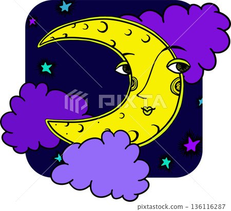 Smiling Crescent Moon with Puffy Clouds and Stars in Night Sky Vector Illustration Smiling Crescent Moon with Puffy Clouds and Stars in Night Sky Vector Illustration 136116287