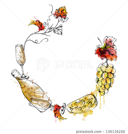 Festive frame with bubbly sparkling champagne bottle and flute glass, grape bunch and leafy vines, cheese hand drawn in watercolor and ink. Celebration invitations, holiday branding, luxury packaging 136116288