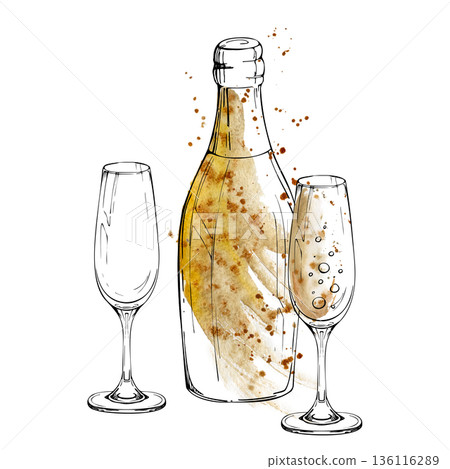 Champagne bottle with slender flute glass, bubbles and fizz in festive still life. Isolated illustration hand drawn in watercolor and ink for celebrations, holiday branding, menus, party stationery Champagne bottle with slender flute glass, bubbles and fizz in festive still life. Isolated illustration hand drawn in watercolor and ink for celebrations, holiday branding, menus, party stationery 136116289