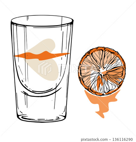 Vector Flatliner shot glass, clear vodka or tequila with tabasco stroke. Orange slice detail, juice liquid splatter. Hand drawn contour in ink for cocktail art prints, bar menu or cafe visual board. Vector Flatliner shot glass, clear vodka or tequila with tabasco stroke. Orange slice detail, juice liquid splatter. Hand drawn contour in ink for cocktail art prints, bar menu or cafe visual board. 136116290