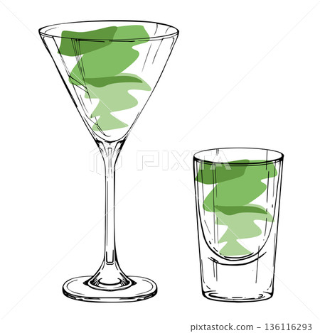 Vector Appletini shot, absinthe, Grasshopper cocktail in martini glass with hand drawn ink outline. Bright lime hues, crisp clean contour for eco-friendly design or refreshing summer recipe visuals. 136116293