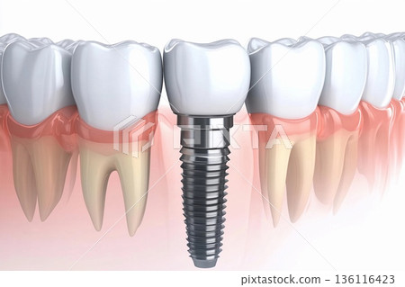 Dental implant positioned securely in the jaw surrounded by natural teeth demonstrating effective oral restoration 136116423