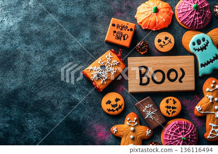 Variety of homemade gingerbread cookies with Halloween designs arranged on a dark background 136116494