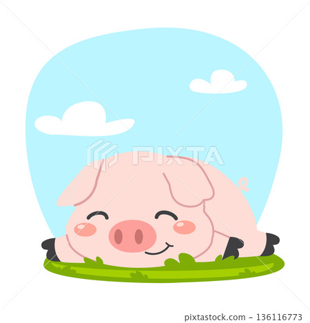 Cute Pig Sleeping on Grass Illustration 136116773