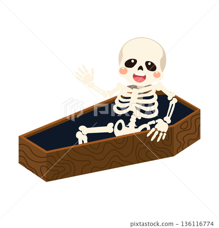 Cartoon Skeleton Waving in Coffin 136116774