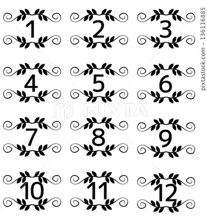 Set of antique-style leaf ornaments and number icons, ranking parts, plant decorative frames and numbers Set of antique-style leaf ornaments and number icons, ranking parts, plant decorative frames and numbers 136116885