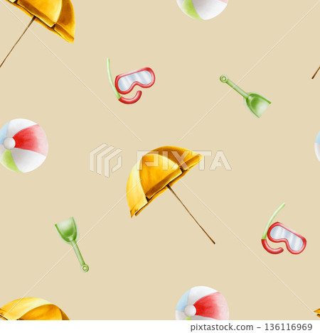 Seamless pattern with umbrella, beach ball, snorkel mask with tube for breathing, green plastic children's shovels. Watercolor hand drawn set of kids toy for the sandbox illustration isolated on Seamless pattern with umbrella, beach ball, snorkel mask with tube for breathing, green plastic children's shovels. Watercolor hand drawn set of kids toy for the sandbox illustration isolated on 136116969