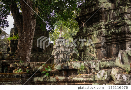 View of ancient stone temple tower and green trees seen through window opening of historic ruins in tropical jungle park 136116976