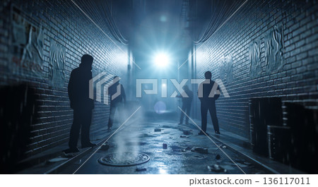 Group of dangerous criminals silhouettes standing in dark alleyway with blue light and fog urban crime scene with street gangs waiting for victim 136117011