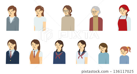 平面插畫：不同年齡層女性的上半身像 136117025