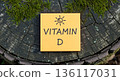 Yellow sticky note with the text Vitamin D and a sun icon on a mossy tree stump. Wellness concept about natural sources for healthy vitamin. 136117031