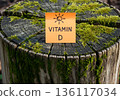 Yellow sticky note with the text Vitamin D and a sun icon on a mossy tree stump. Wellness concept about natural sources for healthy vitamin. 136117034