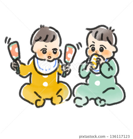 Illustration of two babies playing with toys and eating snacks. Watercolor style. Childcare and play illustration. 136117123