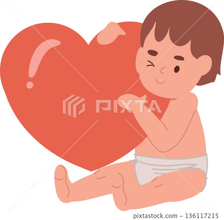 cute baby sitting and hugging an oversized red heart, winking with a sweet smile, 136117215