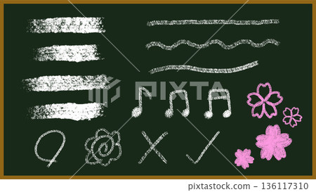 Illustration of chalk-style icons and decorative elements drawn on a blackboard 136117310