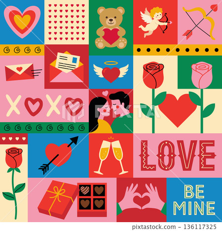 Valentines day geometric pattern background. Hand drawn love design elements. Trendy square poster template for social media. Vector illustration Valentines day geometric pattern background. Hand drawn love design elements. Trendy square poster template for social media. Vector illustration 136117325