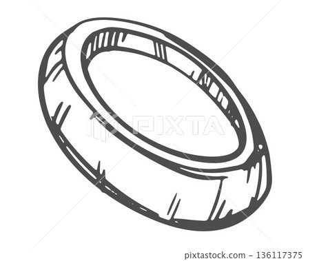 A round slice of onion. Line sketch of a shallot ring on a white background. A fragrant spice. Imitation of engraving technique. 136117375