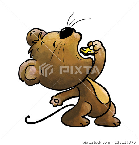 Hungry mouse bending backwards eating cheese cartoon illustration 136117379