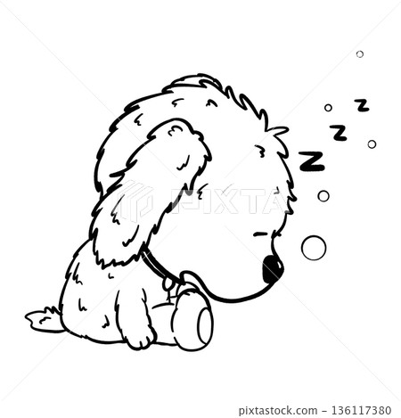 Fluffy dog sitting and sleep with head down cartoon outline illustration 136117380
