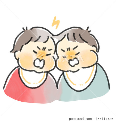 Illustration of two angry, quarreling babies. Watercolor style. Illustration of parenting worries and troubles. 136117386