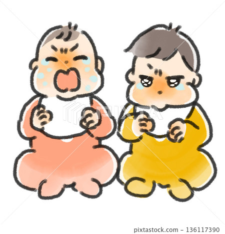 兩個嬰兒坐著哭泣的插圖。水彩風格。描繪了煩躁、夜間哭鬧、情緒低落以及育兒焦慮。 136117390