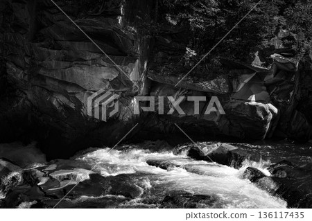 Fast Mountain River in Rocky Gorge, Black and White 136117435