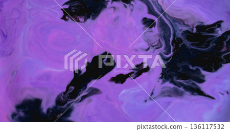 Blur pigment blend. Paint flow. Black color blob dissolving on purple neon acrylic background. Abstract art texture curl ink emulsion. 136117532