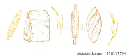 Vector set of Bread and bakery. Graphic ink rolling pin, ears of wheat, loaf food, whole grain bread, ciabatta, brown homemade, baguette. Bun illustration isolated on background. Hand drawn line Vector set of Bread and bakery. Graphic ink rolling pin, ears of wheat, loaf food, whole grain bread, ciabatta, brown homemade, baguette. Bun illustration isolated on background. Hand drawn line 136117794