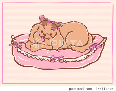 Cute Brown Cavoodle with Pink Heart Sunglasses on Fluffy Bed Whimsical Hand Drawn Doodle Preppy Coquette Girly Style 136117846
