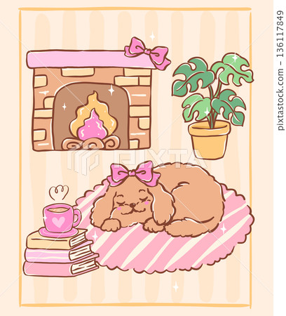 Adorable cavoodle puppy sleeping on a rug in a cozy home scene, whimsical hand drawn cartoon Adorable cavoodle puppy sleeping on a rug in a cozy home scene, whimsical hand drawn cartoon 136117849