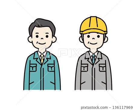 一組中小型企業總裁、經理和現場主管佩戴安全帽的上半身向量插圖素材。 136117969