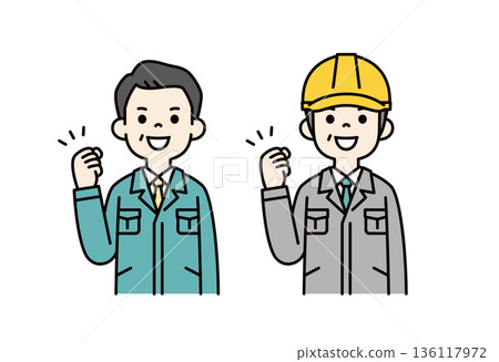 Vector illustration set of a small business owner and a site supervisor wearing a helmet making a fist pump Vector illustration set of a small business owner and a site supervisor wearing a helmet making a fist pump 136117972
