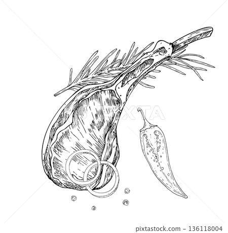 Vector Meat on the ribs with rosemary branch and peppercorns and onion. Graphic ink pork, ribeye, meet illustration, isolated on background. Hand drawn line sketch. For designers, prints, logo, icon 136118004