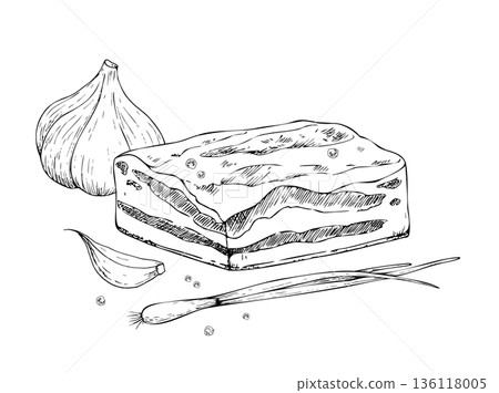 Vector lard with fresh whole garlic and clove, peppercorn, green onion and pepper. Graphic ink pork Pork belly illustration, isolated on background. Hand drawn line sketch. For designers, prints, logo 136118005