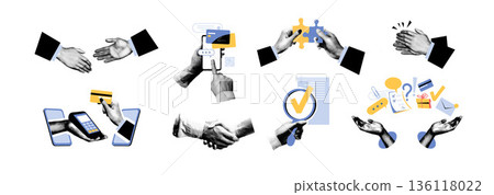 Business illustration of halftone hands, a collage of a handshake, puzzle solving, mobile payment, document verification, and support gestures. Concept of collaboration, transactions, and workflows Business illustration of halftone hands, a collage of a handshake, puzzle solving, mobile payment, document verification, and support gestures. Concept of collaboration, transactions, and workflows 136118022