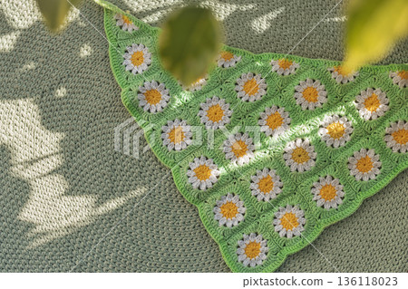 Crocheted granny square blanket featuring daisy pattern white petals and yellow center on green crochet background and houseplant leaves 136118023