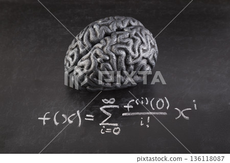 Human brain model with difficult formula math drawn with chalk on scholl blackboard. Science, education and learning concept. 136118087