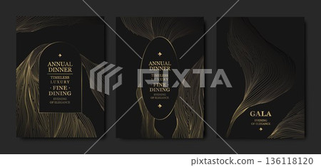 Elegant black background, gold line pattern, gala cards, premium invitations. Luxury abstract vector template, geometric shapes, wavy design, VIP events, business dinners, weddings, posters, flyers. Elegant black background, gold line pattern, gala cards, premium invitations. Luxury abstract vector template, geometric shapes, wavy design, VIP events, business dinners, weddings, posters, flyers. 136118120