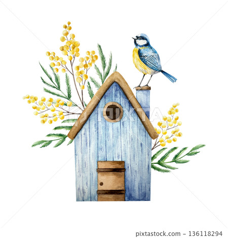 Birdhouse with spring mimosa flowers. Watercolor Eurasian blue tit perche, easter illustration isolated on background, transparent png. Vintage clip art. For greeting card, wallpaper, wrapping paper Birdhouse with spring mimosa flowers. Watercolor Eurasian blue tit perche, easter illustration isolated on background, transparent png. Vintage clip art. For greeting card, wallpaper, wrapping paper 136118294
