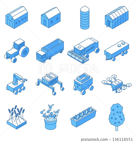 Agriculture isometric line icons. Farm machine, different modern and traditional harvest watering techniques. Barn house, grain storage tower, nifty vector set Agriculture isometric line icons. Farm machine, different modern and traditional harvest watering techniques. Barn house, grain storage tower, nifty vector set 136118551