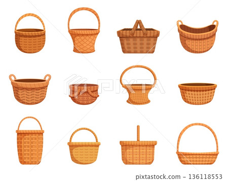 Cartoon wicker basket. Isolated empty baskets for picnic food, easter gift, household, interior decoration. Rural eco containers, accessories, sapid vector clipart 136118553