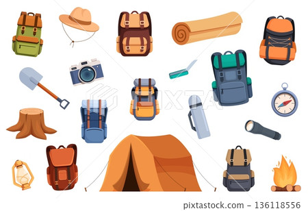 Cartoon camping equipment. Items for hiking and tourism on nature. Shovel lantern mat compass tent. Flashlight and hat. Outdoor adventures sapid vector elements 136118556