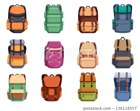 Camping backpack. Different backpacks, multifunctional knapsack for travel, hiking, camping, hand luggage, school. Sapid bags with pockets vector clipart Camping backpack. Different backpacks, multifunctional knapsack for travel, hiking, camping, hand luggage, school. Sapid bags with pockets vector clipart 136118557